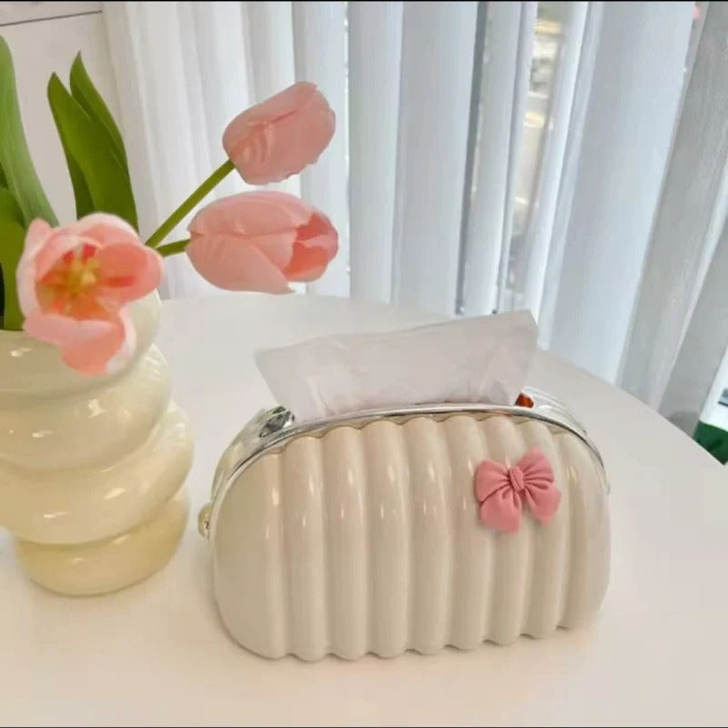 Creative Shell Design Tissue Box-White Silver - with bow