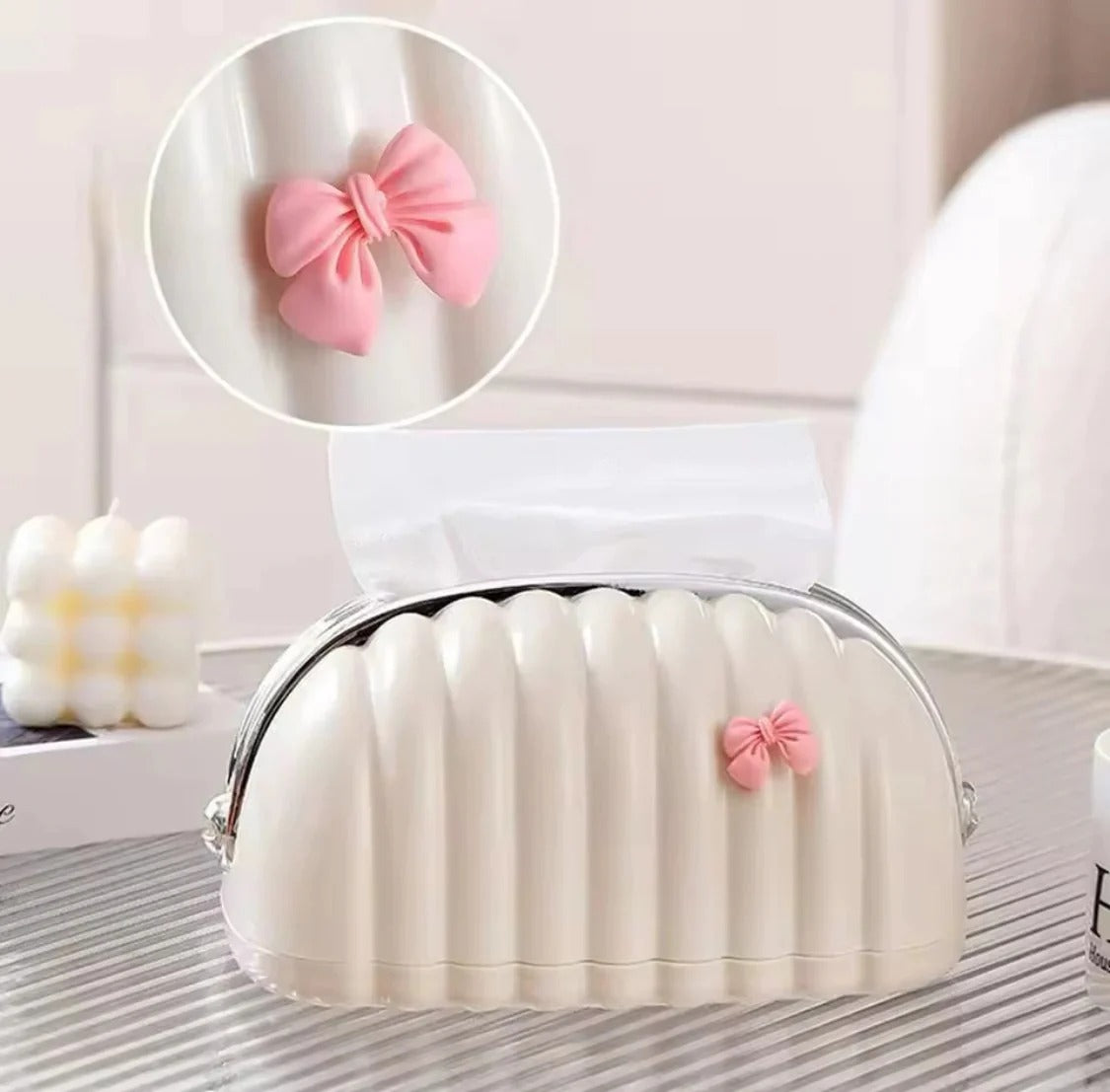Creative Shell Design Tissue Box-White Silver - with bow